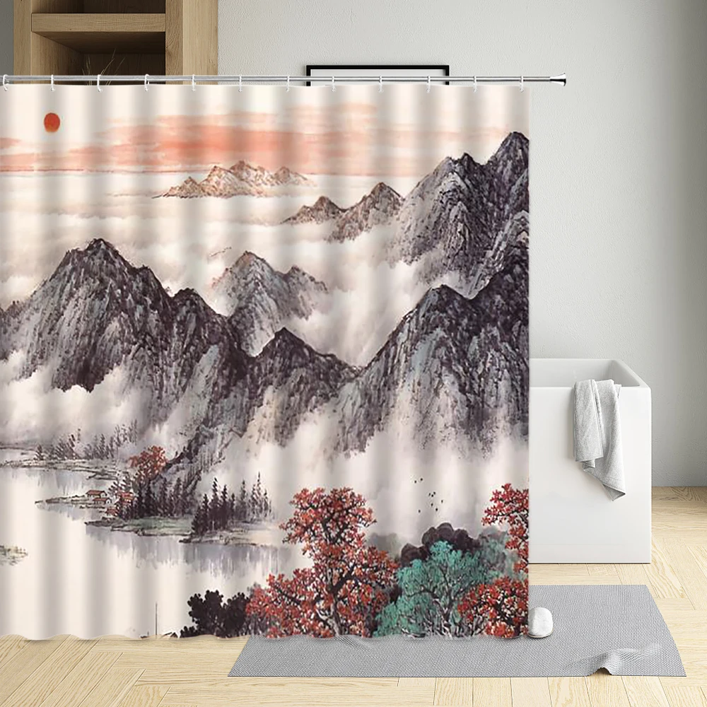

Ink Painting Shower Curtain Mountain Water Cloud Sun Fly Bird Butterfly Boatman Ferry Flower Lotus Leaf Fish Plum Blossom Bamboo