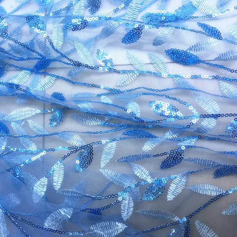 blue Navy Black Red Gold Leaves Sequins Embroidered Lace Fabric Wedding Dress DIY Accessories RS2364 - Цвет: blue
