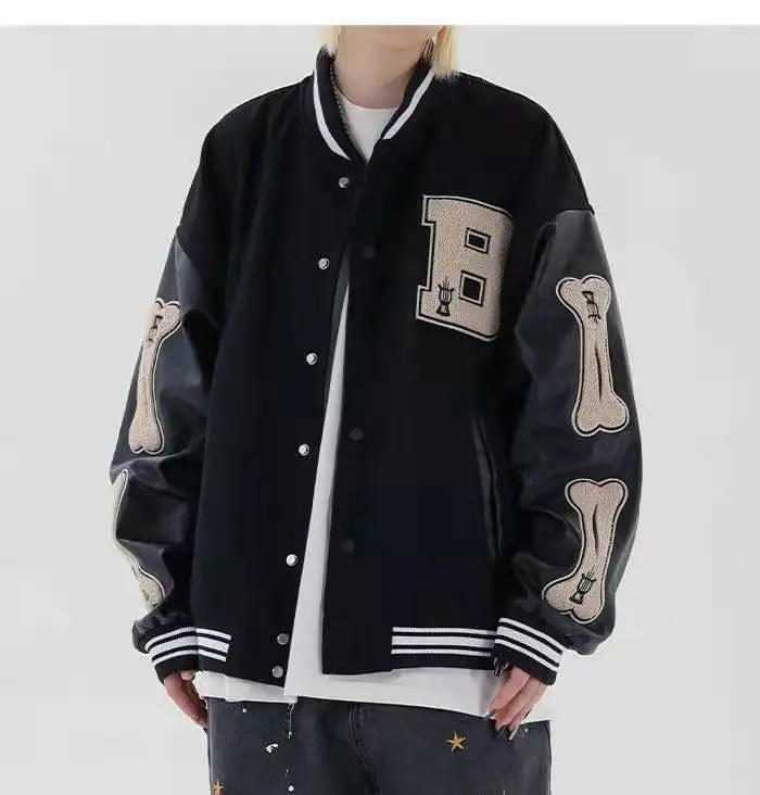 

CCZXLY Hip Hop Furry Bone Patchwork Color Block Jackets Mens Harajuku College Style Bomber Jacket Men Baseball Coats 3 color