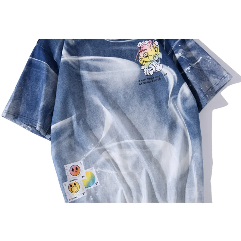 

JING ZHE Tie-dyed Gradient Tshirts Men Hip Hop Harajuku Streetwear Bear Print Short Sleeve T-Shirts Shirts Casual Cute Tops Tees
