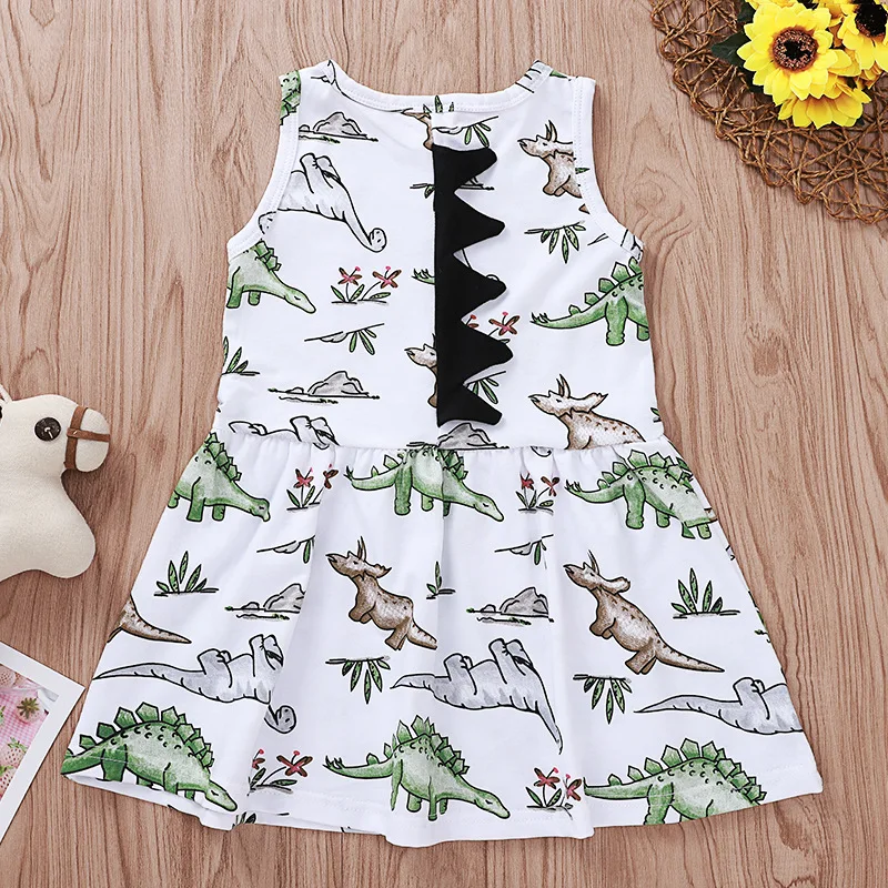 Toddler Girl Cartoon Dress Sleeveless Dinosaur Kids Dresses for Girls Baby Clothes Summer Twins | Детская одежда и обувь
