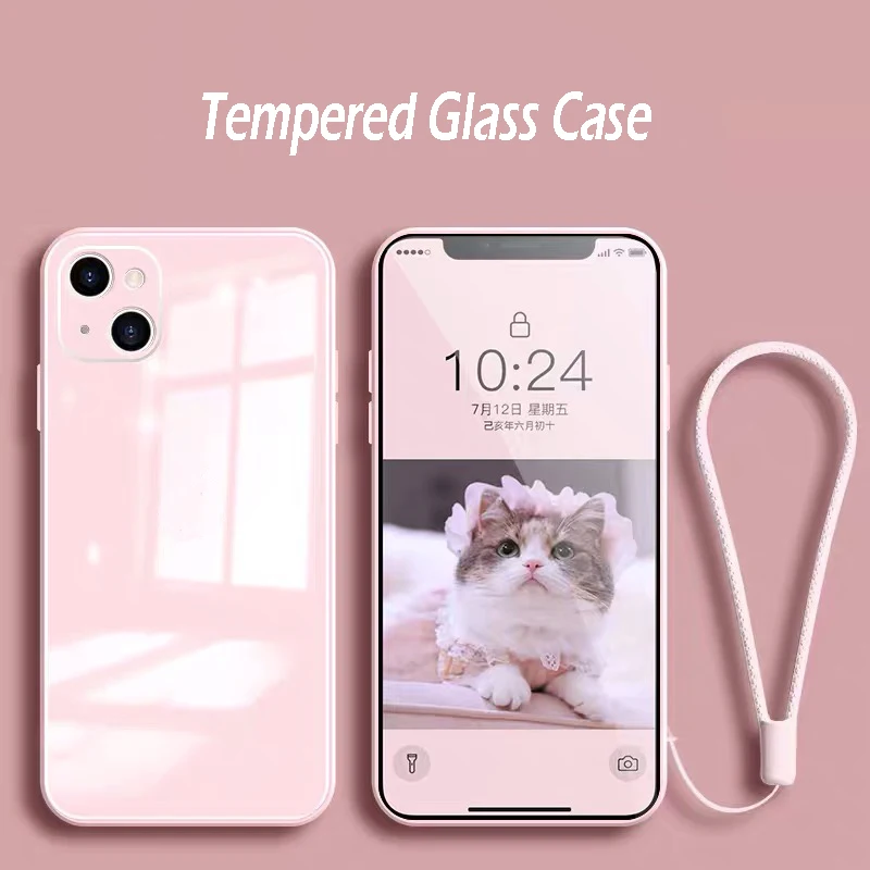 

Luxury Square Tempered Glass Case For iPhone 11 12 13 Pro Max Mini XS Max X XR 7 8 Plus SE2 Full Protection Cover With Strap