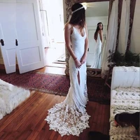 latest summer beach lace side split bride wedding dresses spaghetti straps v neckline wedding gowns for bride backless 2020