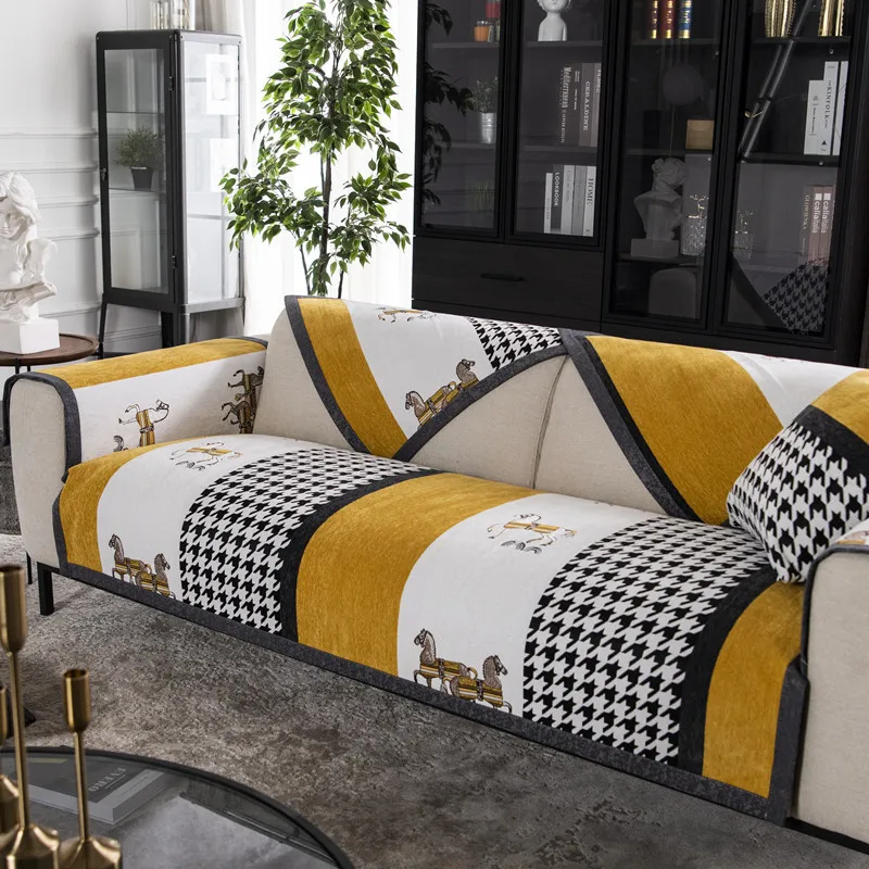 

Designed High-end Three-seater Sofa Cushion Stripe Zebra Pattern Recliner Chair Cover Yellow White Stitching Living Room Decor