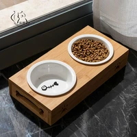 hot selle pets feeder ceramic cat bowl water double mouth wooden stand stainless steel dog feeder bowls kitten dogs products