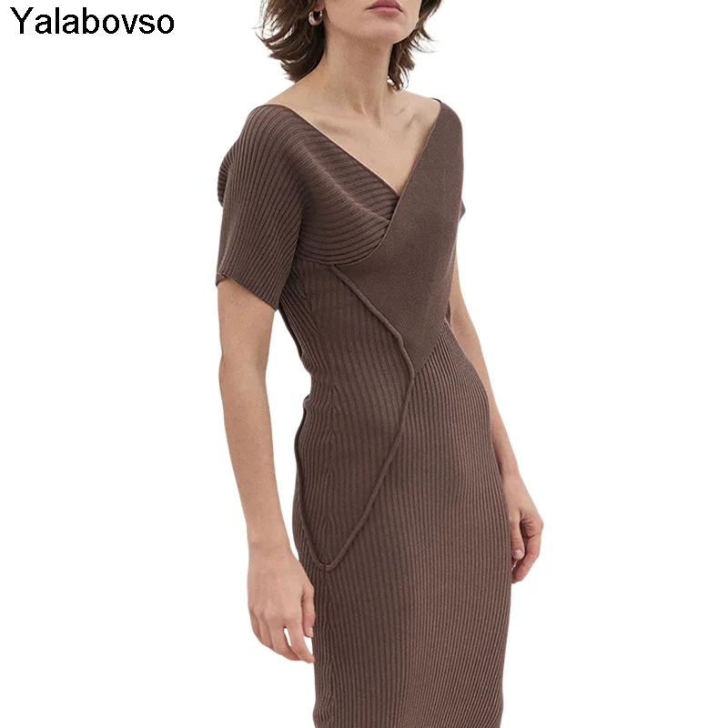 

Acrylic Sexy Lady Long Dresses Summer 2021 New Trendy V-neck Asymmetric Slim Dress For Women Fashion High Quality Coffee Color
