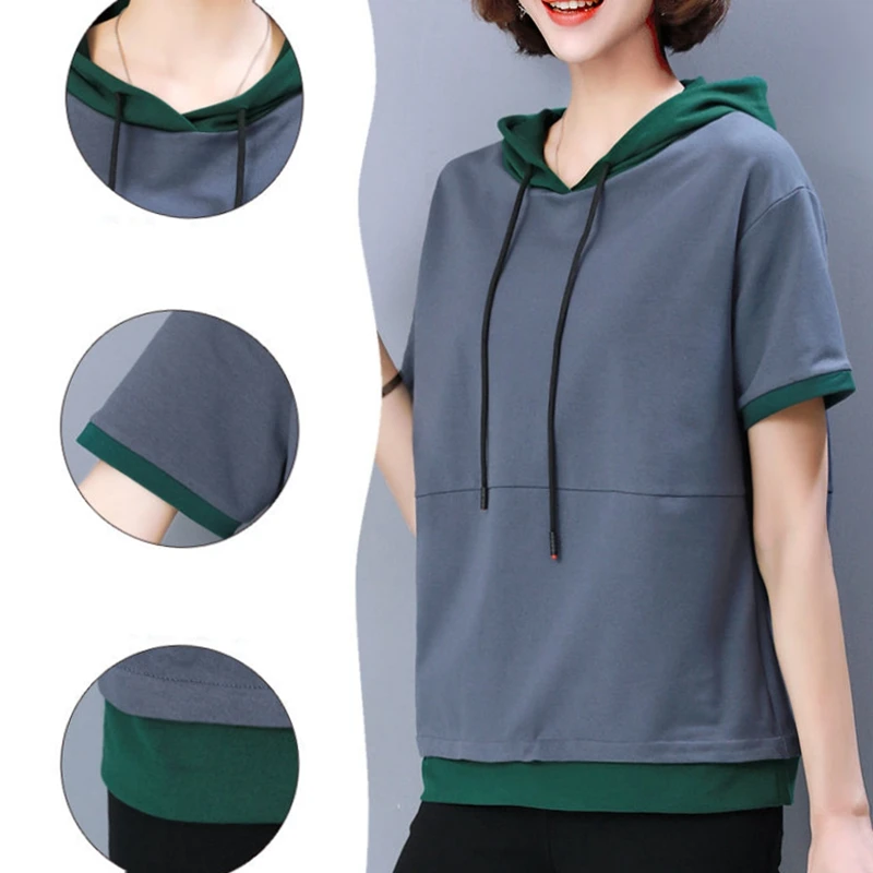 

2021 New Female Large Hooded Color Matching Short Sleeve Casual Loose Large Half Sleeve Clothing Gothic Shirts Shirt Long Sleave