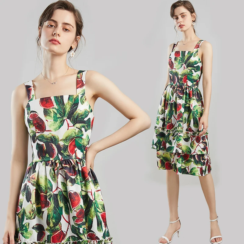 

Summer Women Fruit Print Spaghetti Strap Runway Sexy Beach Boho Dress Elegant Backless Midi Party Dresses Vestidos