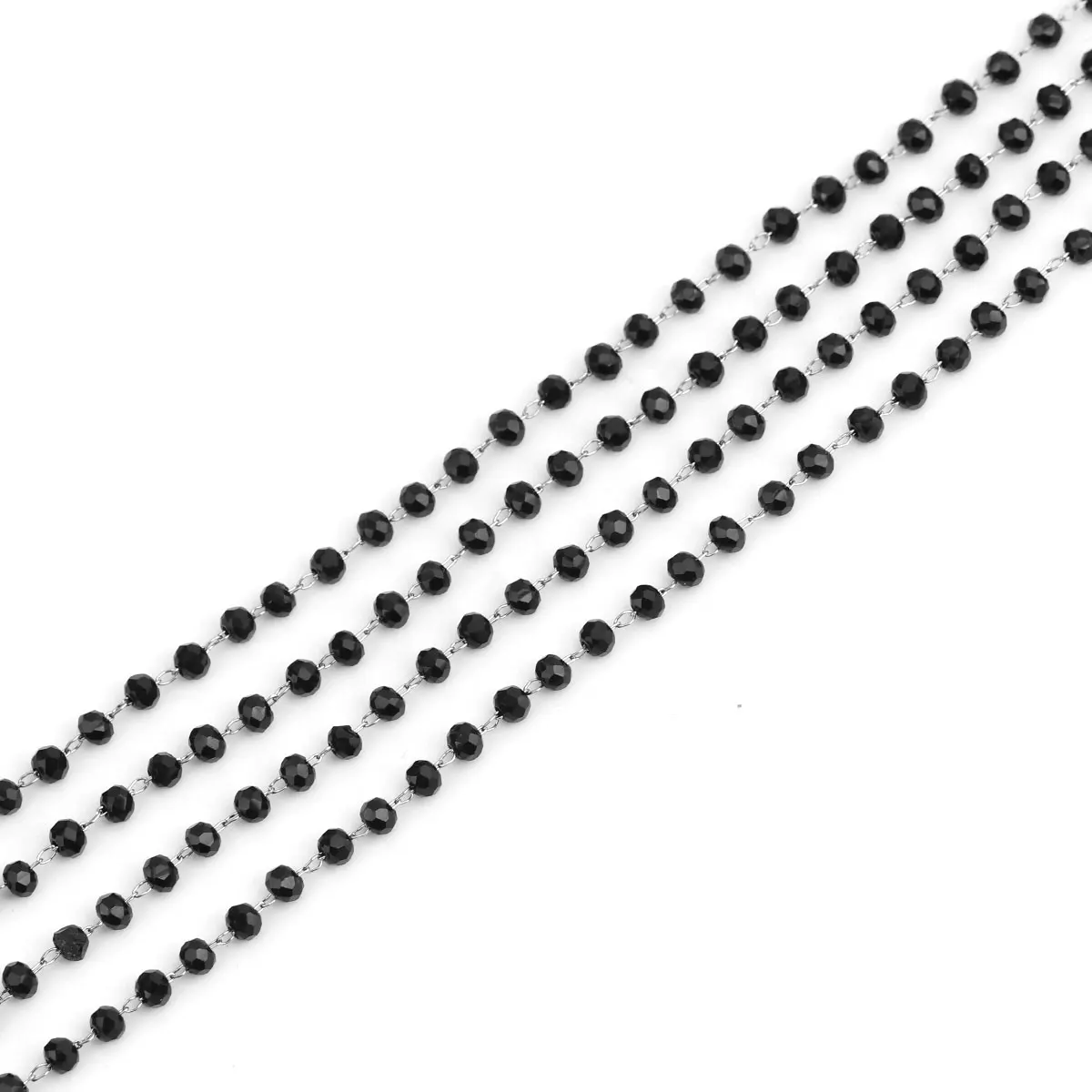 304 Stainless Steel Black Crystal Glass Beads Chain Link Cable Chain Silver Color For DIY Bracelet Jewelry Making 3.4x2.9mm, 1 M