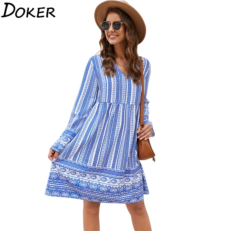 Женское повседневное мини платье в полоску с v образным вырезом и длинным рукавом