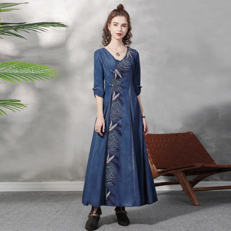 

Dresses for Women 2021 vintage Women's Dress cultivate morality cheongsam button embroidery dress Denin Vestidos long Vestido