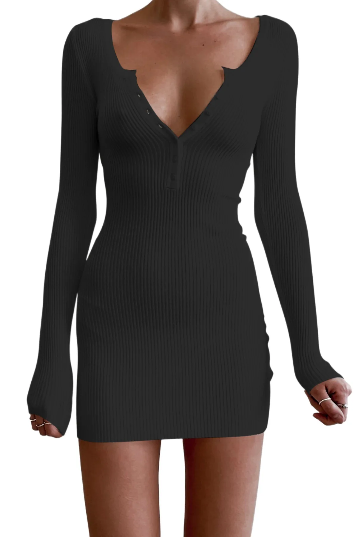 

autumn dress casual solid low-breasted V-neck tight long-sleeved dress
