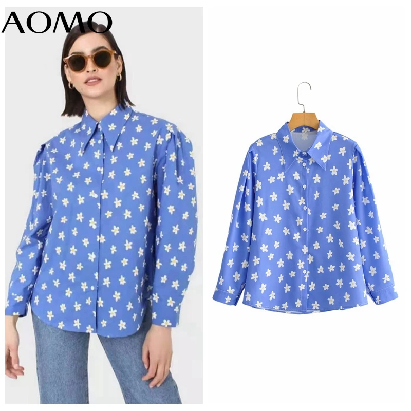 AOMO Women Vintage Blue Flowers Print Chiffon Shirt Long Sleeve 2021 Autumn Chic Female Casual Loose Shirt BC57A