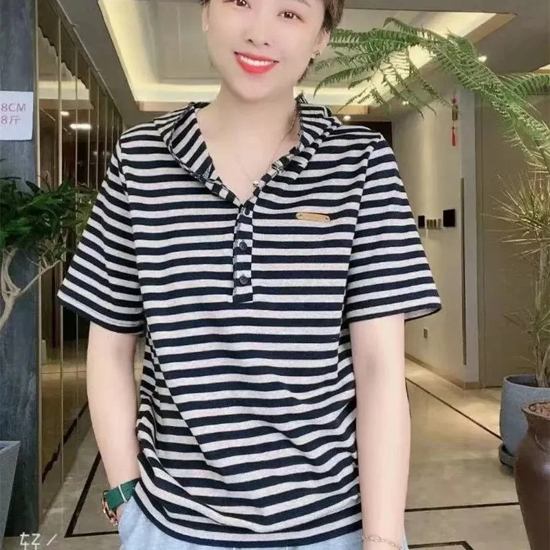 

Cotton T Shirt Large Size Striped Hooded Short Sleeve Top Women Summer New 2021 Loose Thin graphic tees