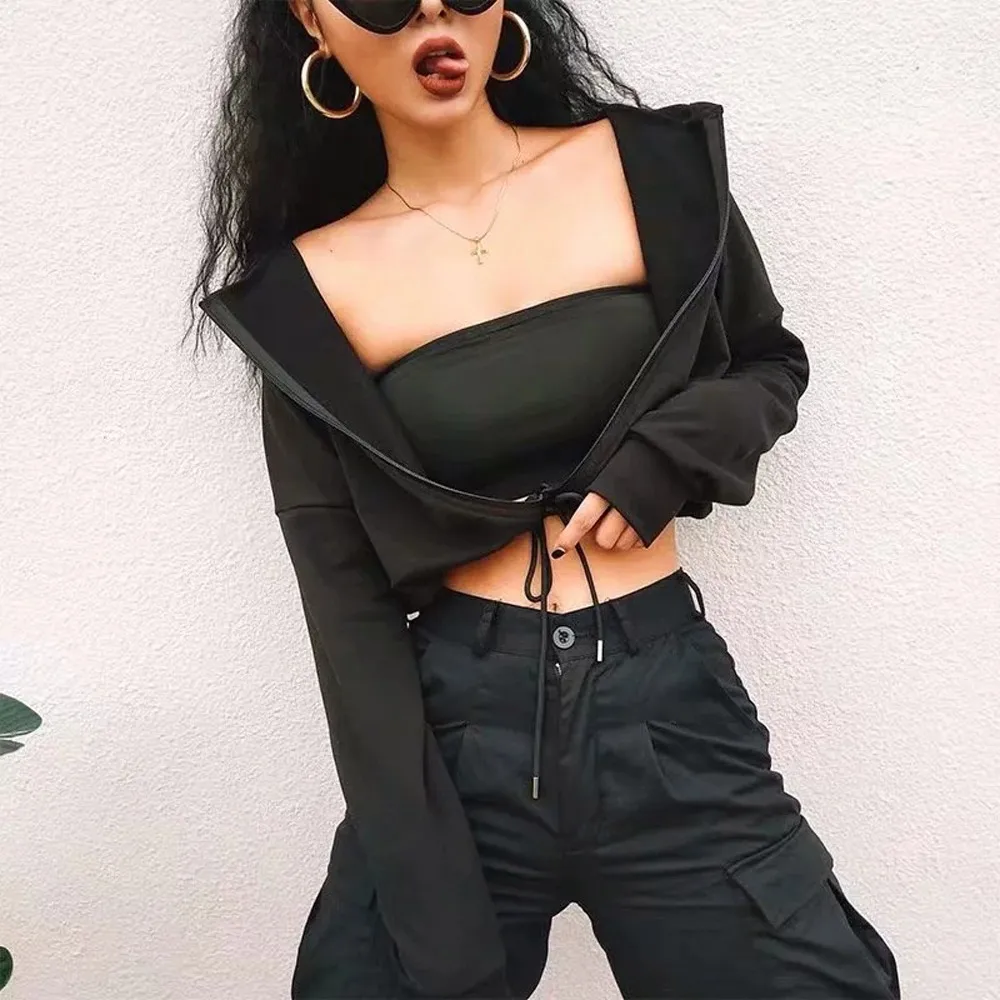 

2021 Spring Autumn New Style Black Zipper Hooded Jacket for Women Fashion All-match Loose Drawstring Female Cropped Coats