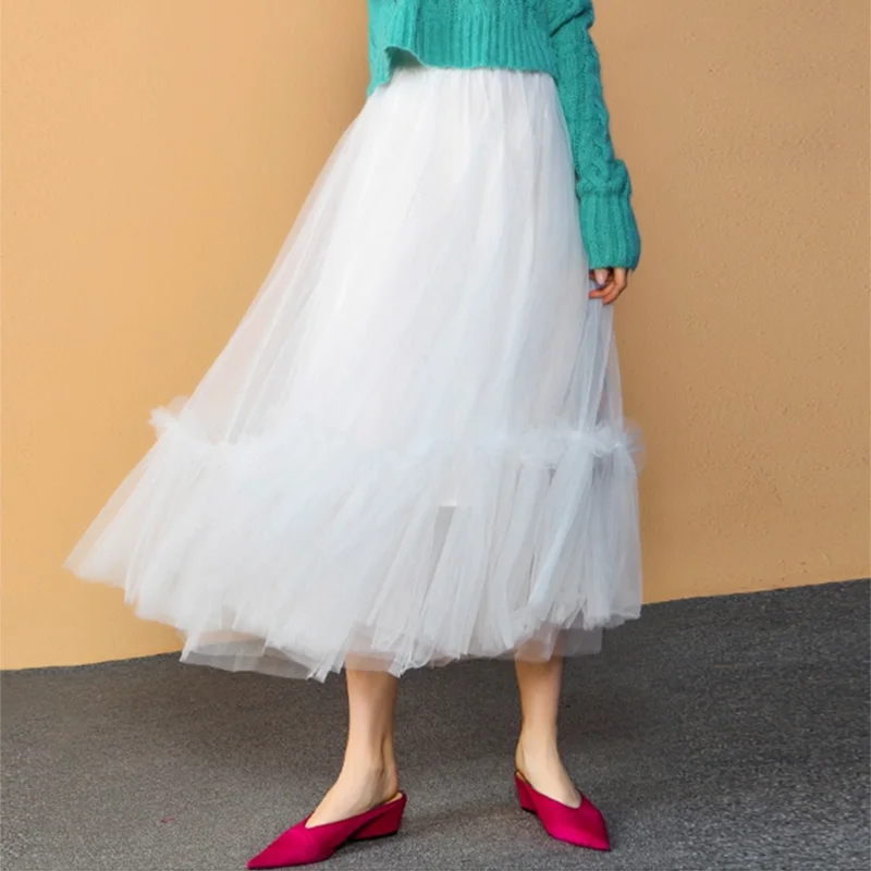

White Black Long Mesh Falbala Tiered Skirt Fall Winter Vintage Layered Ruffle Boho Beach Travel High Street Elastic Waist Skirts