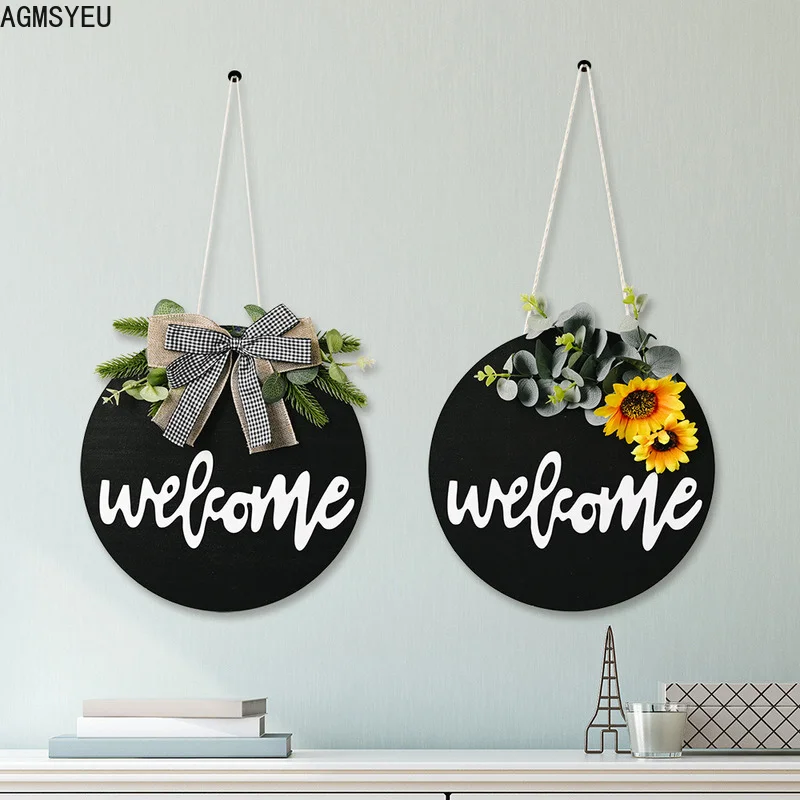 

AGMSYEU Modern Simple Creative Art American Country Wooden Welcome House Sunflower Bowknot Decoration Garland Home Decoration