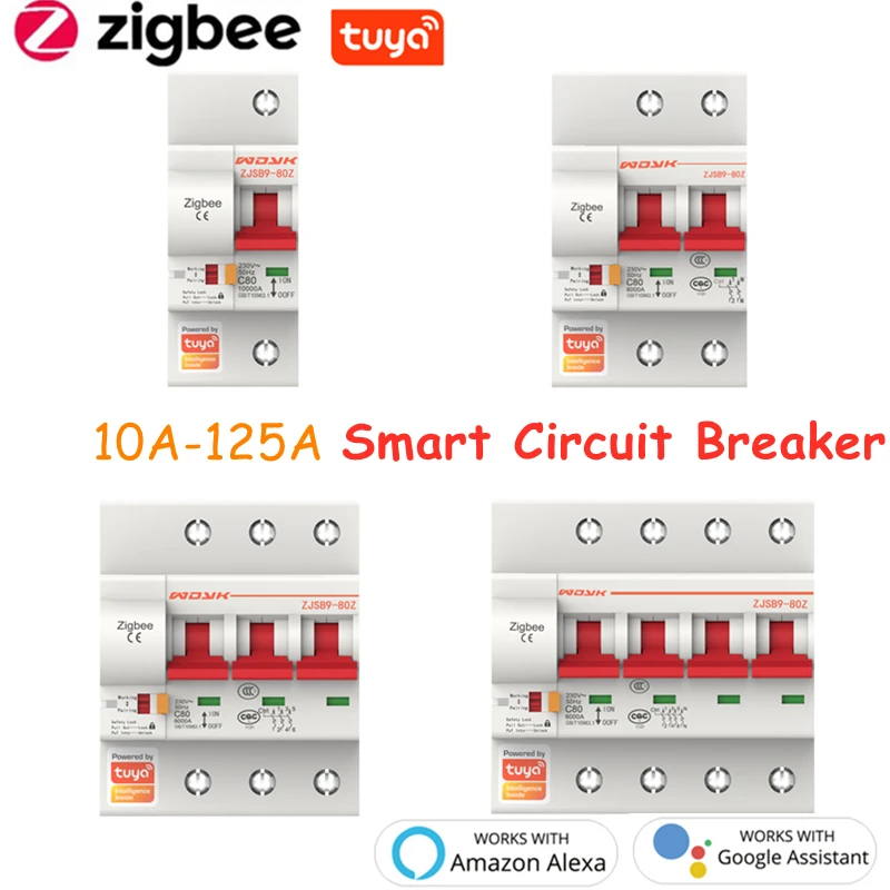 

Умный автоматический выключатель 1-4P 10A-125A, 220 В/380 В, воздушный выключатель Zigbee3.0, голосовое управление через приложение для Alexa Google Tuya