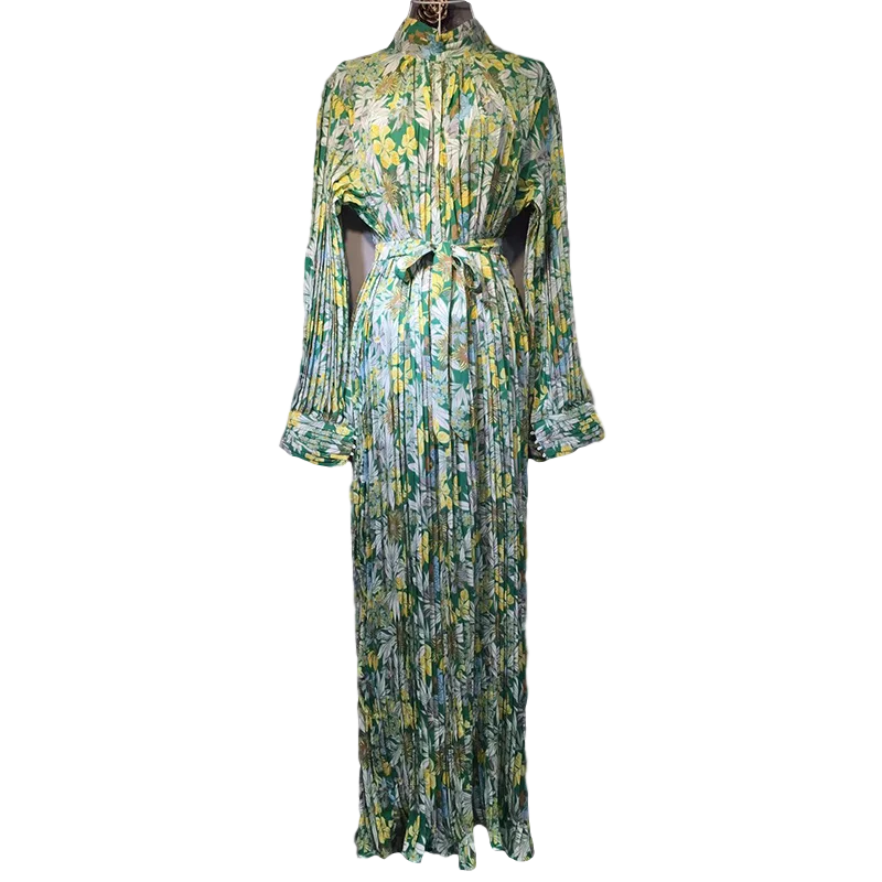 

slimming belt pleated long sleeve printed women long dresses famale 2021 New vintage stand collar loose