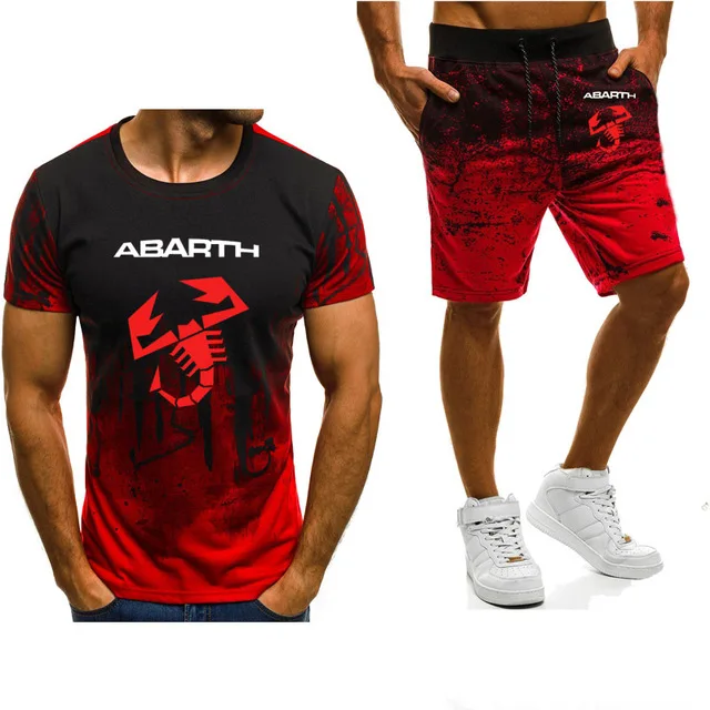 New 2020 Spring Mens suits Pullover for Abarth Car Logo Printed ashion Casual Gradient High Quality Men's T-Shirt+Pant Suit 2Pcs |