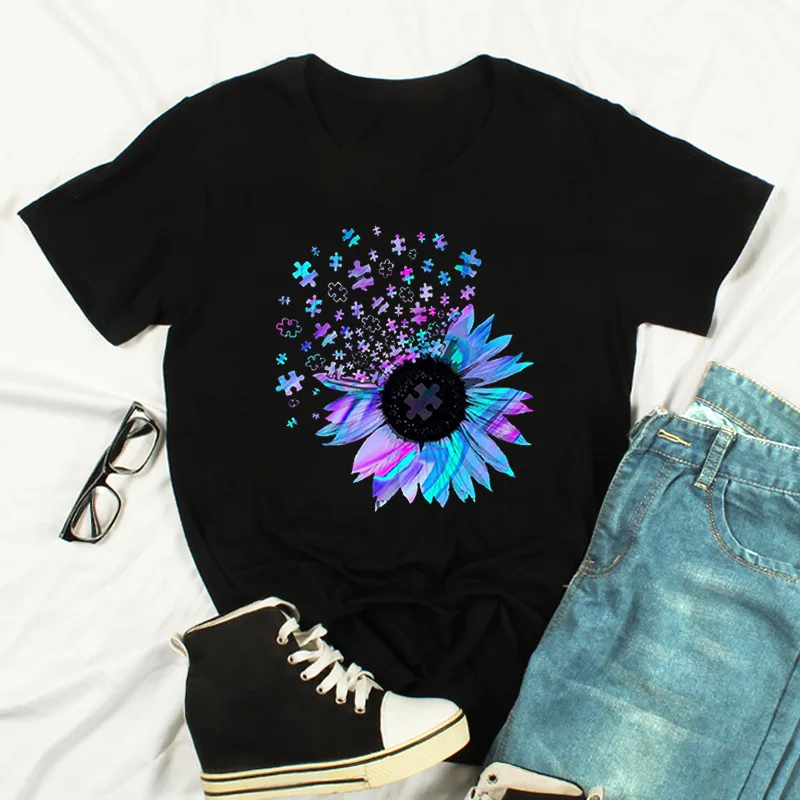 

Sunflower Plaid Letter Print Women T Shirt Short Sleeve O Neck Loose Women Tshirt Ladies Tee Shirt Tops Clothes Camisetas Mujer