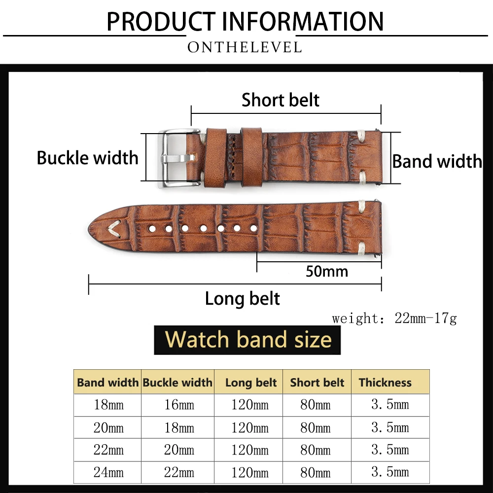 Genuine Leather Watchband 18mm 20mm 22mm 24mm Vintage Personality Crocodile Texture Watch Strap Bracelet for Women Men