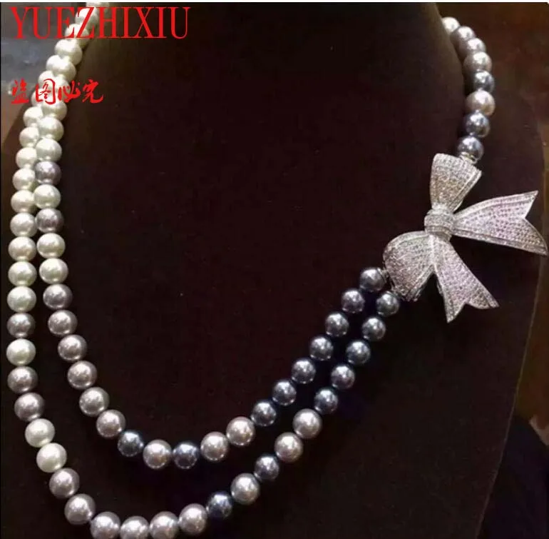 new Stylish 2row 8mm GENUINE freshwater White GRAY SHELL PEARL Bowknot micro-inlaying NECKLACE