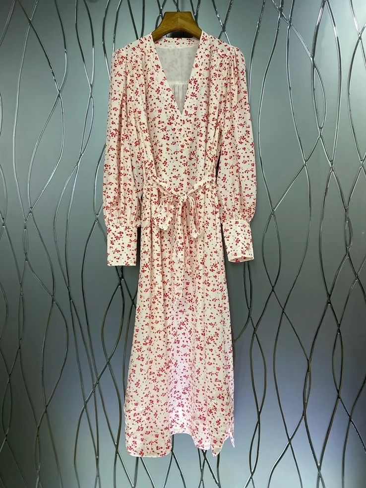 

Floral Print V-Neck Women's Midi Dress 2021 Spring Summer Long-Sleeved Slim Waist Lace-Up Long Dresses for Holiday