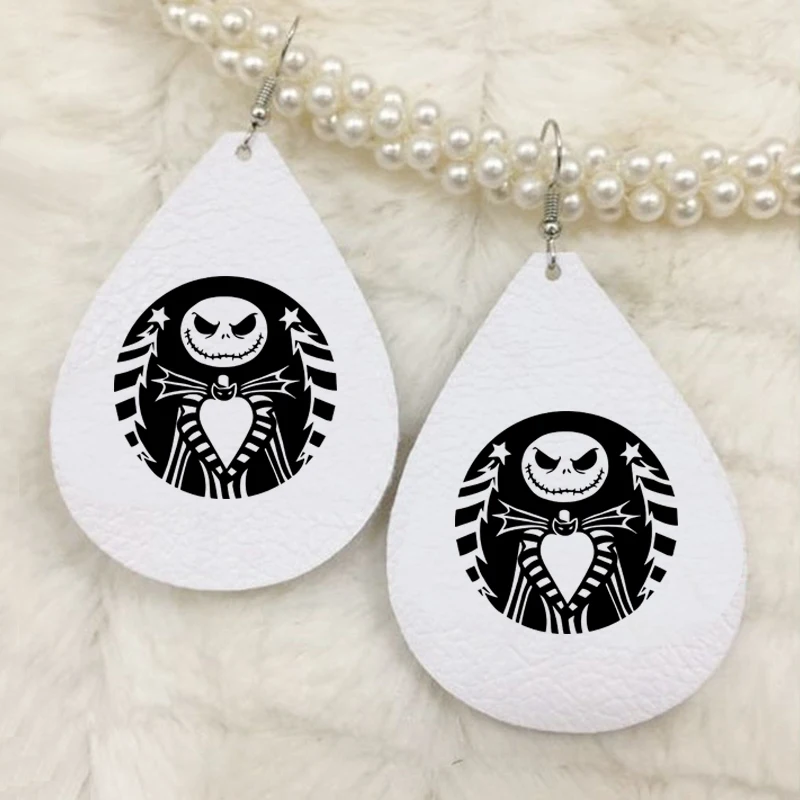

Jack Skellington Emblem Skull With Santa Hat Two Layers Faux Leather Tear Drop Earrings Red Glitter Bulk Order