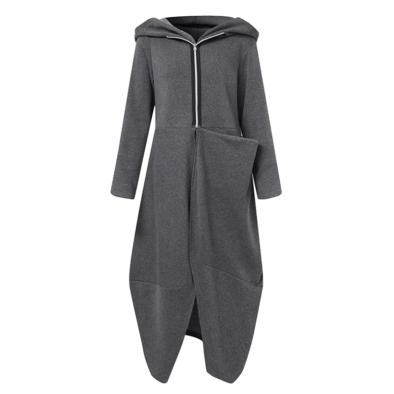 

S-5XL Coats Jackets Women Long Sleeve Hooded Coat Zipper Asymmetric Long Pleated Jackets 2021 VONDA Plus Size Outerwears