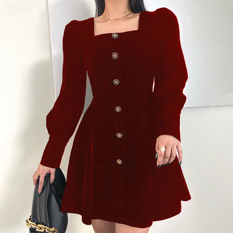 

MAGOGO Retro French Dress Velvet Single-Breasted Puff Sleeve Square Neck Dress Female Waist Short Trendy New