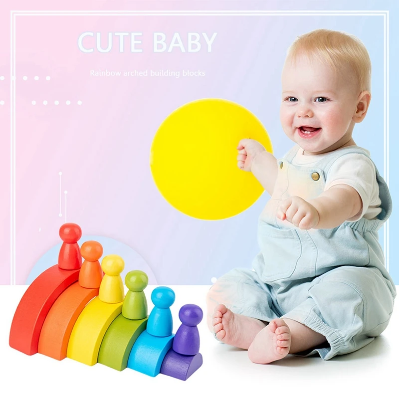 

Wooden Rainbow Puzzle Colored Arch Bridge emble Educational Toy Building Blocks Set Shapes Sorting Preschool