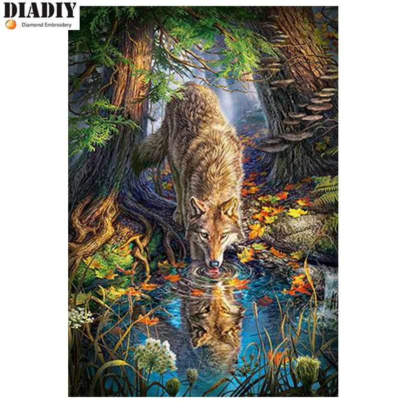 

DIY камни в форме ромба и набор для рисования с круглыми камнями и полотном 5D алмазов картина леса Волк Вышивка крестом 3D Стразы мозаика