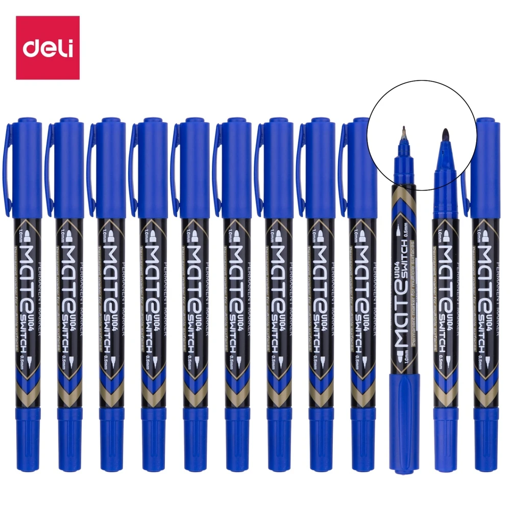 

DELI 12 Pcs Permanent Markers Dual Tip Pen 0.5mm/1mm Black Blue Red Water Proof Fast Dry Office Stationery Permanent Marker Pens