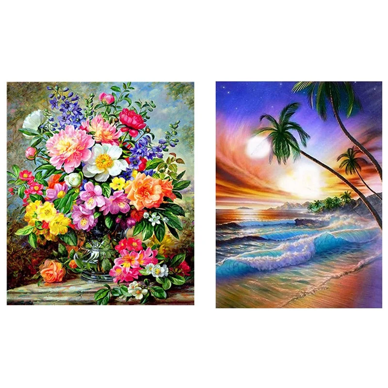

DIY Full Round Diamond Painting Flower Bouquet & DIY Diamond Painting By Number Kit Adults,Beach Coconut Tree