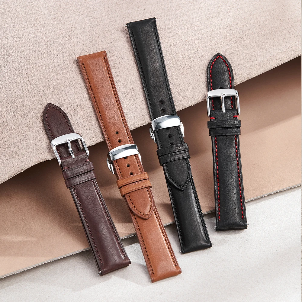 France Calf Leather 16mm 18mm 19mm 20mm 22mm 24mm Leather Strap Men Women Bracelet Butterfly Deployment Buckle Watch Band