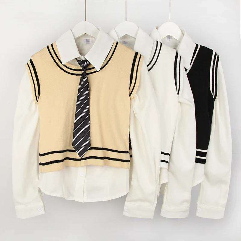 

Женский костюм, новинка 2021, однобортная рубашка с лацканами и длинными рукавами, верхняя одежда, короткий вязаный свитер, жилет с завязкой, з...