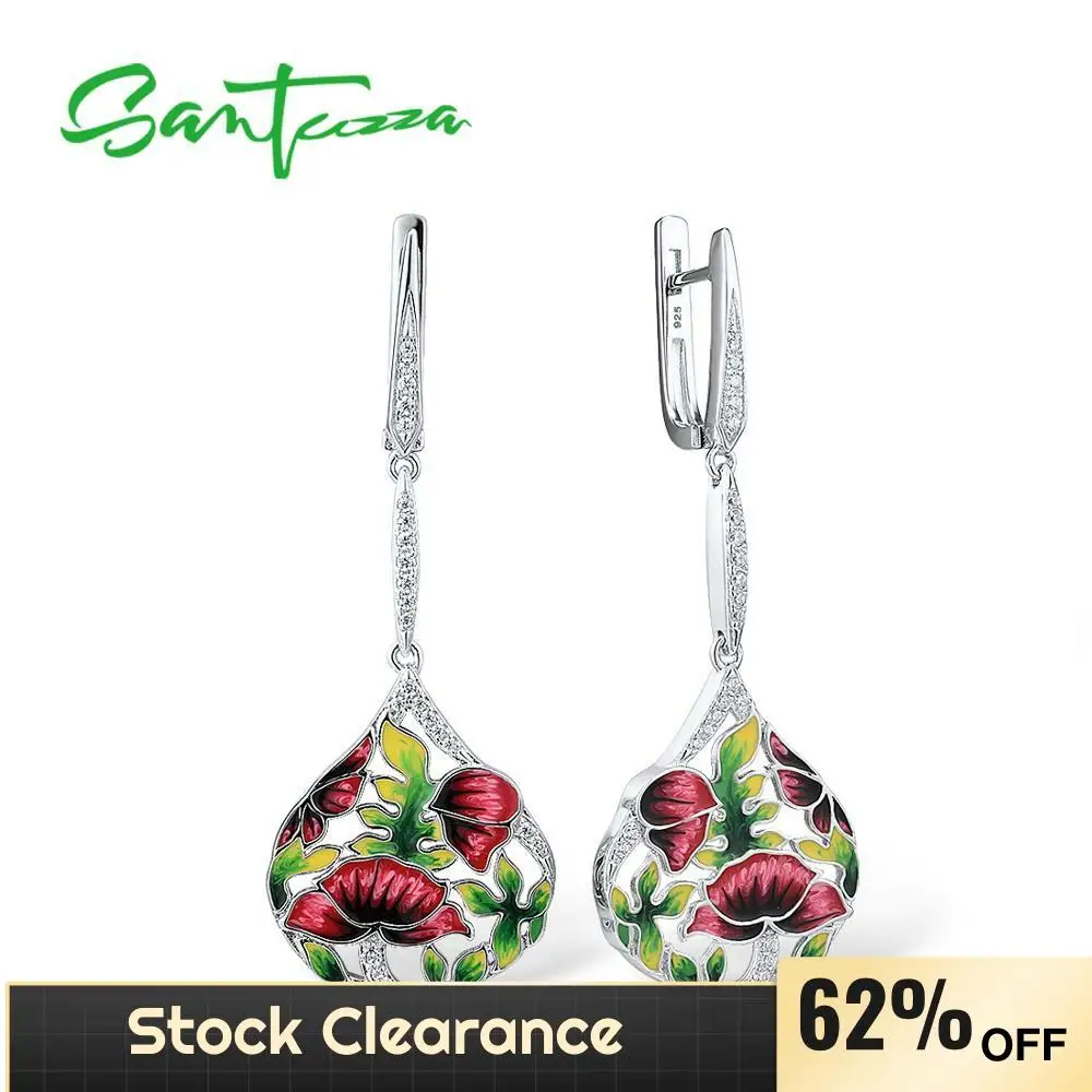 

SANTUZZA Silver Earrings For Women Pure 925 Sterling Silver Red Flowers Drop Earrings Gift Wedding Fine Jewelry Handmade Enamel