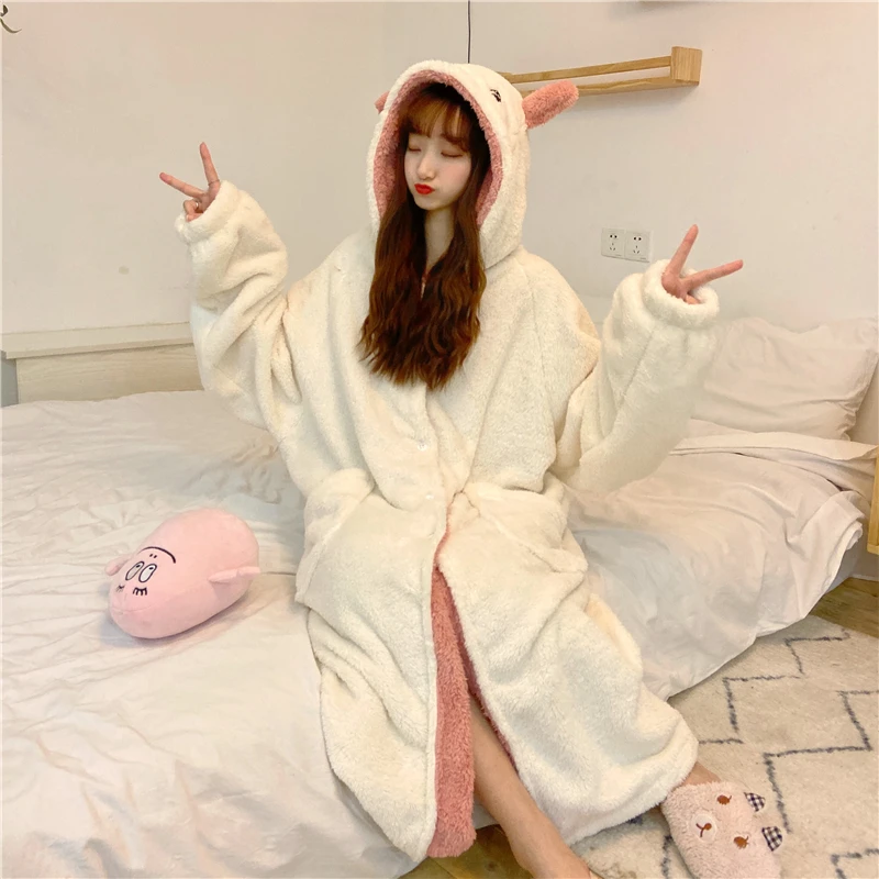 Autumn Winter Women Sweet Warm Lounge Pyjamas Female Cute Pajamas Cartoon Ears Hooded Sleepwear Coral Fleece Lady Home Clothes