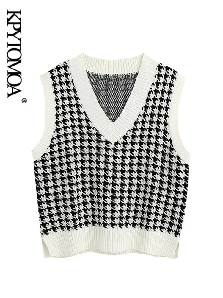 KPYTOMOA Women  Fashion Oversized Houndstooth Knitted Vest Sweater Vintage Sleeveless Side Vents Female Waistcoat Chic Tops