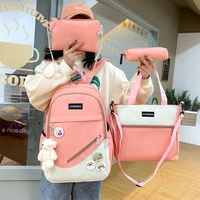 4 piece design canvas backpack for teenagers 2021 fashion women campus school bag solid color laptop backpack pen bag sac a dos