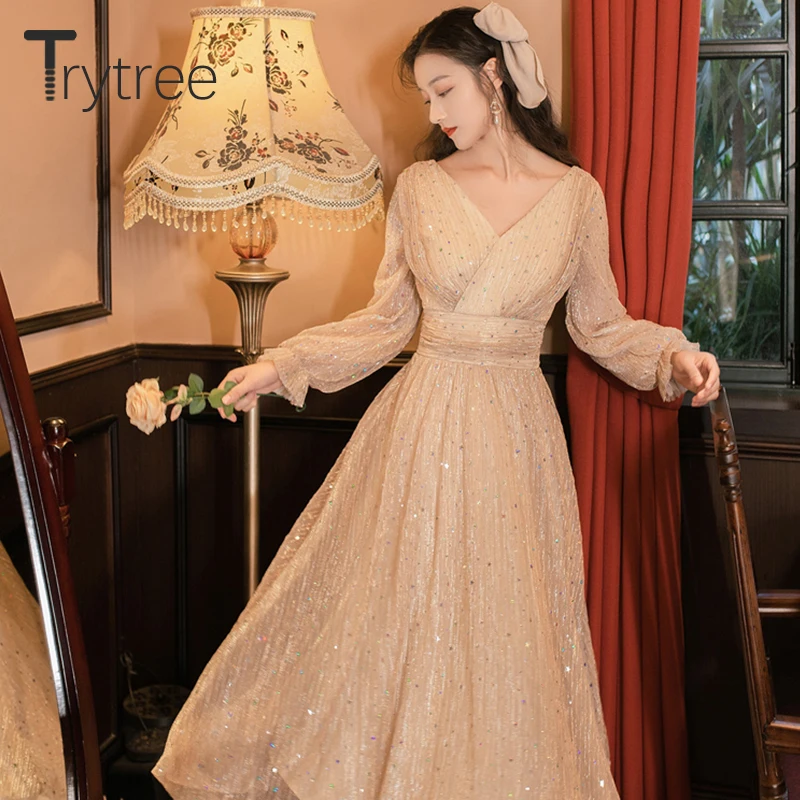 

Trytree 2021 Spring Summer Women's Dress Casual V-neck Butterfly Sleeve Sequined Mesh A-line Mid-calf Vintage Elegant Dress