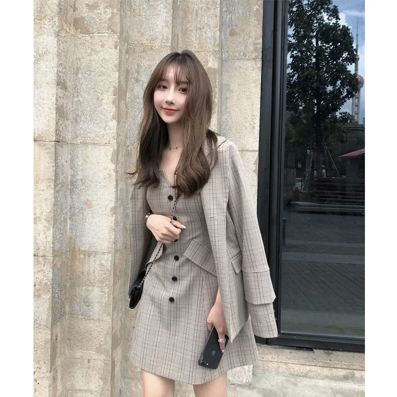 

New high-quality retro check large size women's English style OL suit suspender dress spring and autumn small suit two-piece