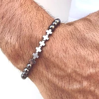 unisex bracelet natural hematite volcanic beaded bracelet cross lava stone diffuser bracelets for men women fashion jewelry gift