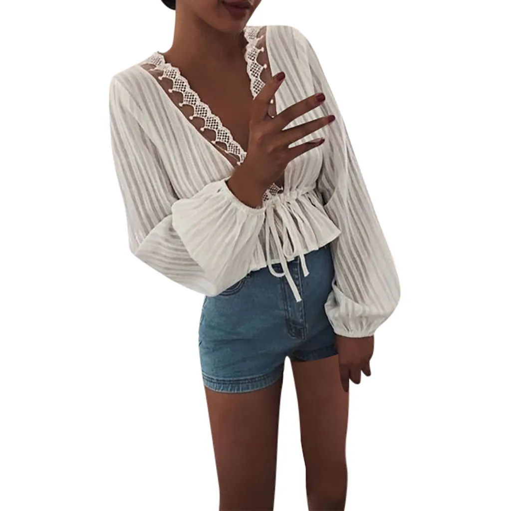 Рубашка с длинным рукавом Женская Осенняя глубоким v образным вырезом