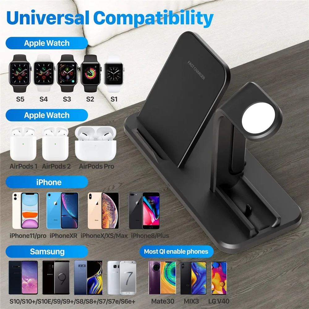 

For iphone 12 11 Xs AirPods Pro Watch 6 SE 5 4 3 QI Wireless Charger Stand3 in 1Wireless charger Fast Charging Dock Station