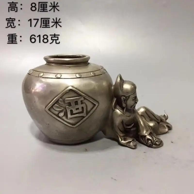 Collect Rare Chinese white copper Hand-Carved Poetic immortal Li Bai Drunk Wine Pot Cupronickel carving Wine Jar