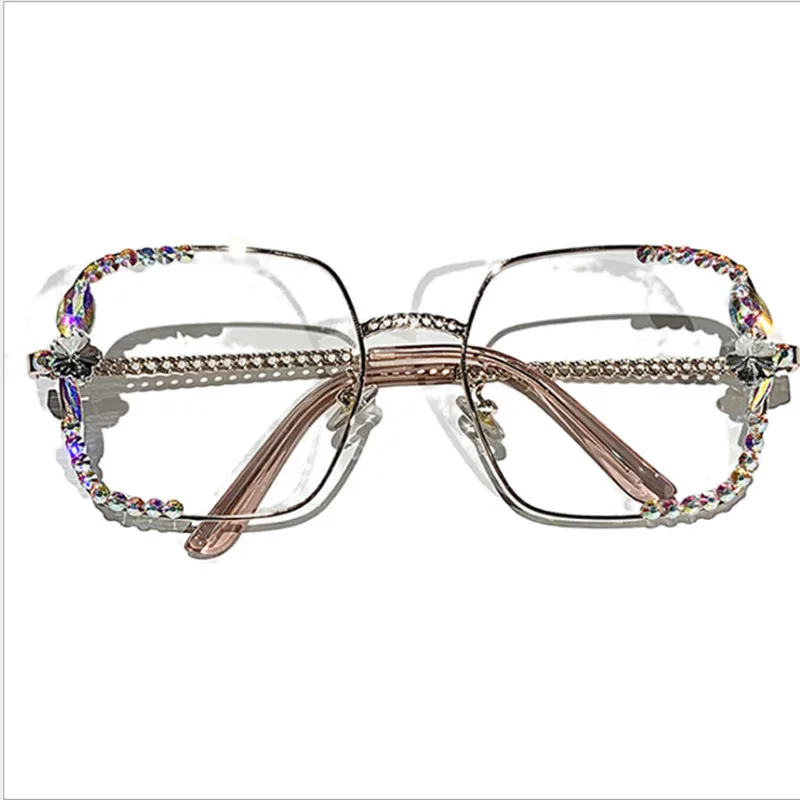 

Anti-blue Light and Anti-radiation Luxury Metal Frame Flat Mirror Frame Degree Diamond-encrusted Face Female Trendy UV400 Retro