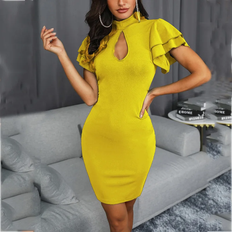 Женское облегающее платье с рюшами уличное футляр коротким рукавом Летнее мини