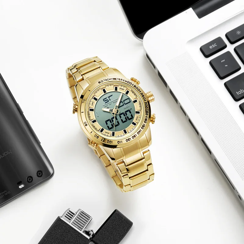 

MIZUMS Fashion Sports Mens Watch Gold Steel Band Wristwatch Waterproof Luxury Man Watch Digital Clock Montre Homme Reloj Hombre